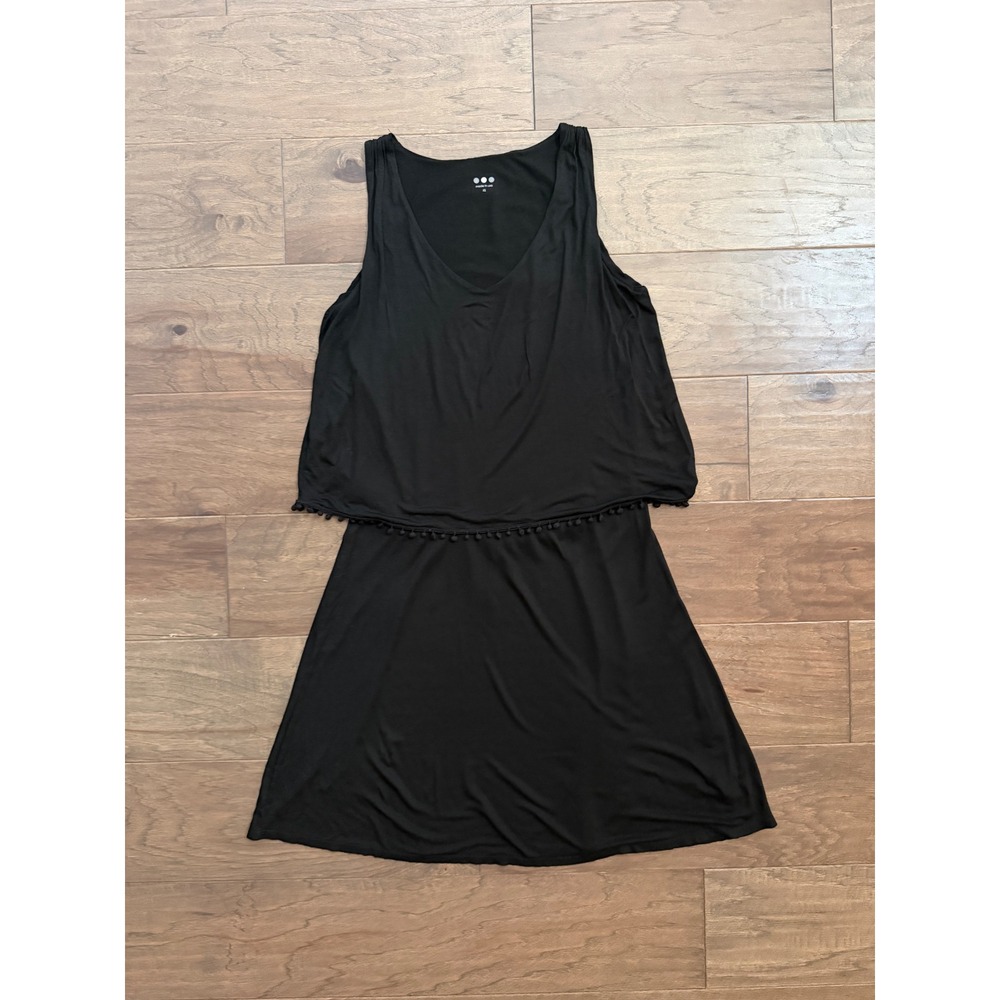 Three Dots Popover Dress Womens XS Black Viscose Solid Pom Pom Trim Mini LBD